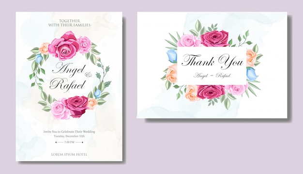 Wedding invitation card with beautiful flowers and leaves