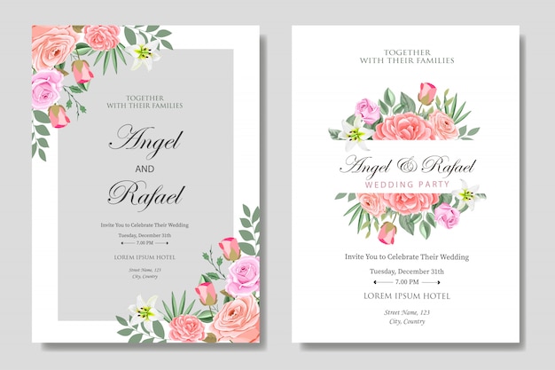 Wedding invitation card with beautiful flowers and leaves