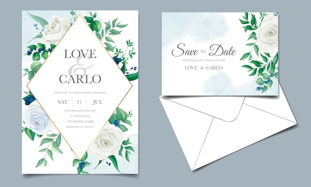 Wedding invitation card with beautiful roses,  greenery  leaves,  and blueberries