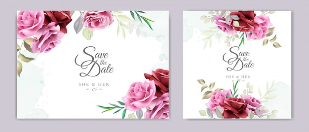 wedding invitation card with beautiful roses and leaves