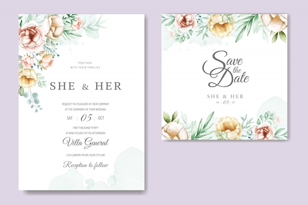 美しい水彩花と葉の結婚式の招待カード