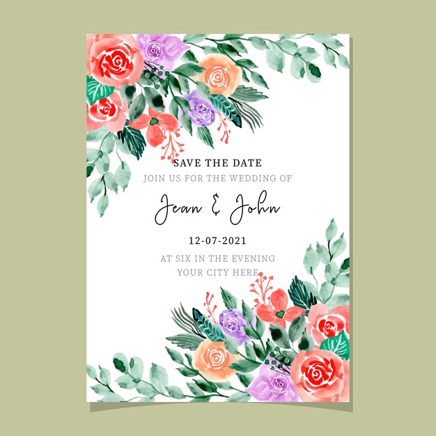 Wedding invitation card with beautiful watercolor floral