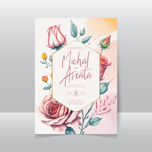 Wedding invitation card with beautiful watercolor flowers