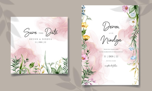 Vector wedding invitation card with beautiful watercolor flowers