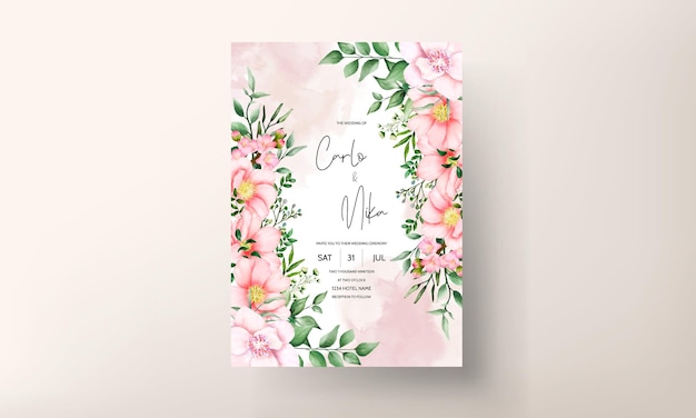 Wedding invitation card with beautiful watercolor pink flower