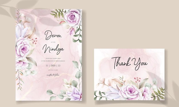 Vector wedding invitation card with beautiful watercolor purple flower