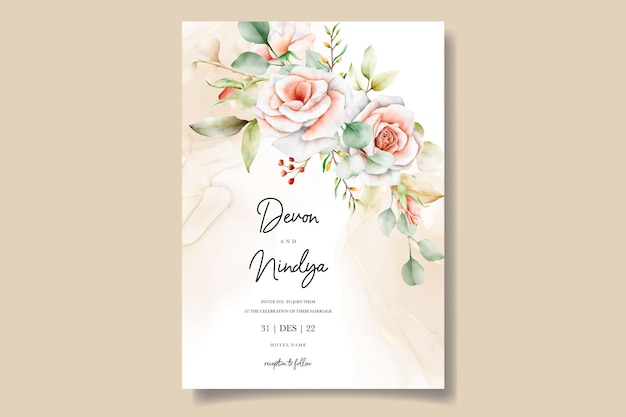Carta di invito a nozze con bella decorazione di rose ad acquerello