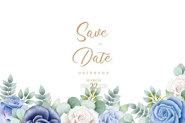 wedding invitation card with blue flowers
