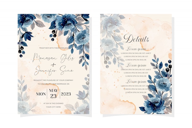 wedding invitation card with blue watercolor floral abstract background