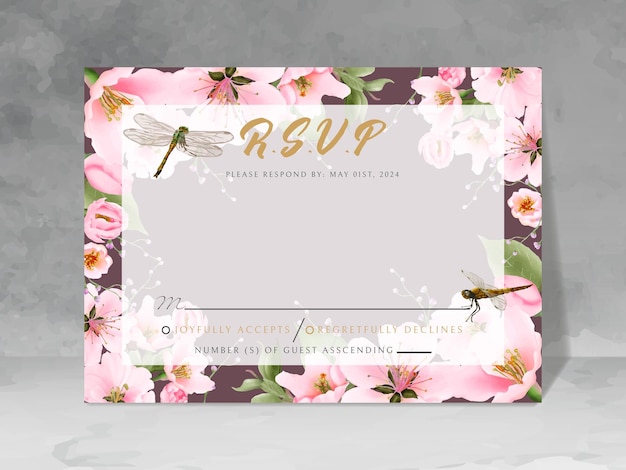 Wedding invitation card with cherry blossom and dragonfly