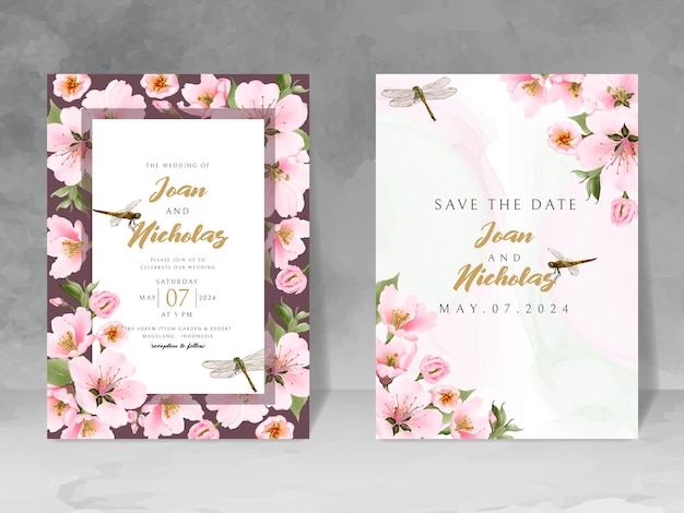 Wedding invitation card with cherry blossom and dragonfly