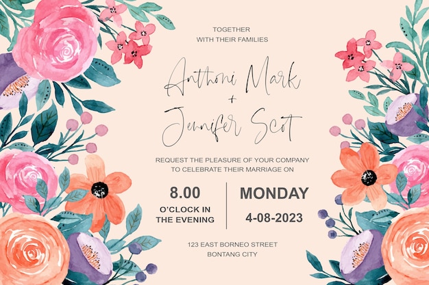 Wedding invitation card with colorful floral watercolor