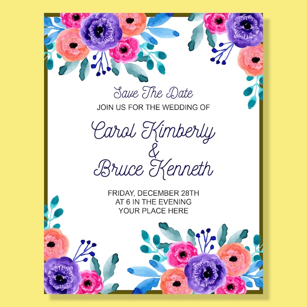 Wedding invitation card with colorful watercolor floral