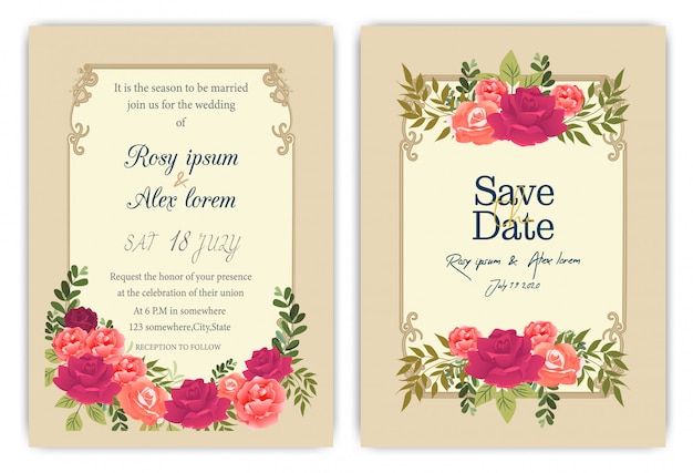 화려한 꽃과 잎 결혼식 초대 카드