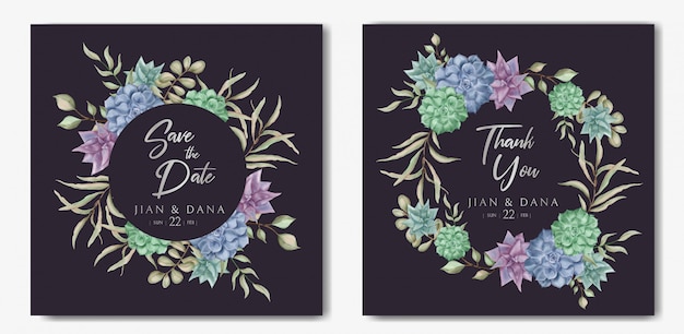 Wedding invitation card with colourful floral and leaf bouquet