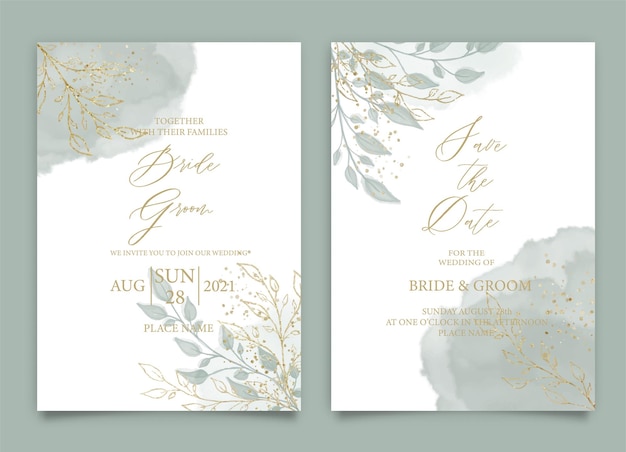 Wedding invitation card with elegant greenery watercolor leaves style collection design watercolor texture background brochure invitation template