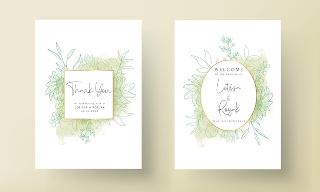 wedding invitation card with elegant monoline floral