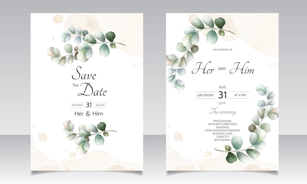 Wedding invitation card with eucalyptus leaves template