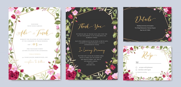 Wedding invitation card with floral and leaves frame template