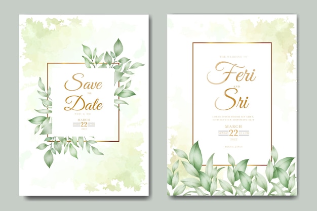 wedding invitation card with floral leaves watercolor set