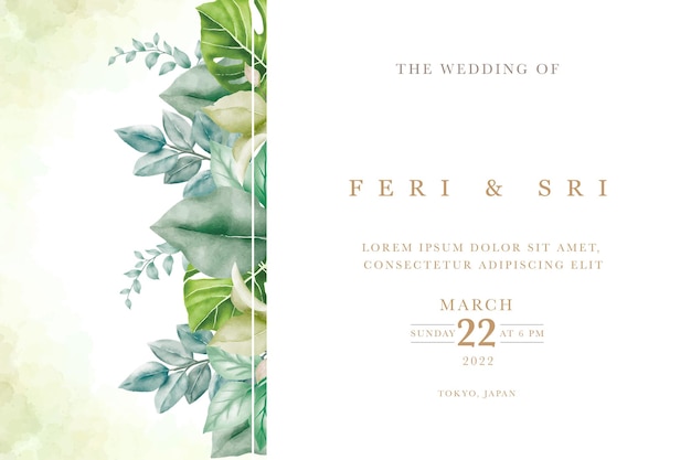 Vector wedding invitation card with floral leaves watercolor set