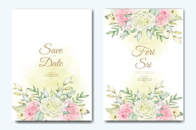 Wedding invitation card with floral leaves watercolor template