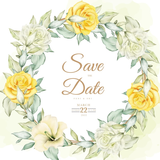 Wedding invitation card with floral leaves watercolor template