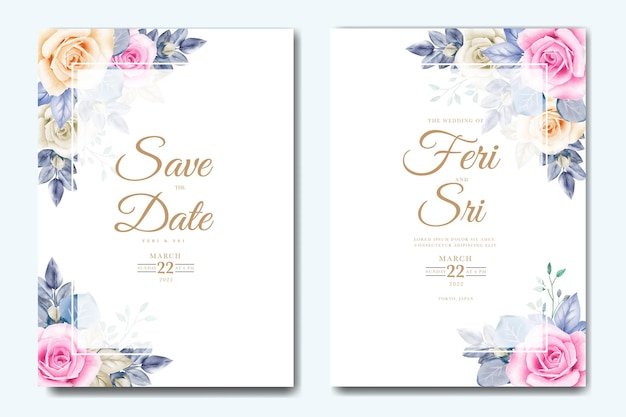 Wedding invitation card with floral leaves watercolor