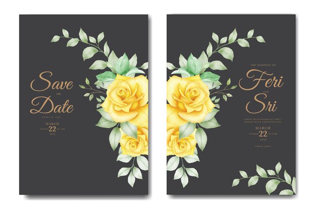 ベクトル 花の葉の水彩画と結婚式の招待カード