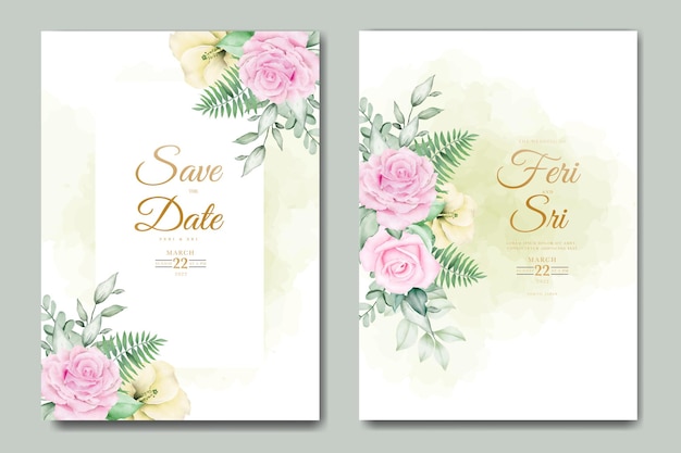 wedding invitation card with floral leaves watercolor