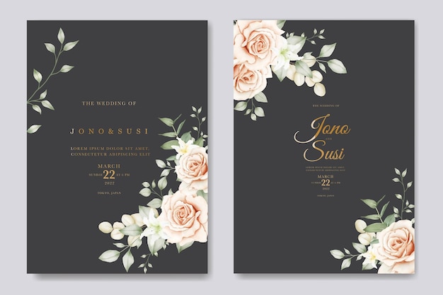 Wedding Invitation Card With Floral Leaves Watercolor