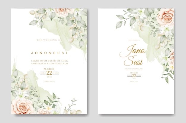 Wedding Invitation Card With Floral Leaves Watercolor