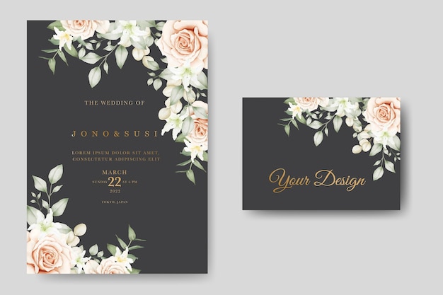 Wedding Invitation Card With Floral Leaves Watercolor