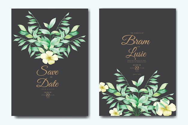 Carta di invito a nozze con foglie floreali acquerello