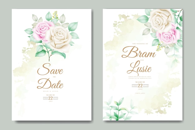 Wedding invitation card with floral leaves watercolor