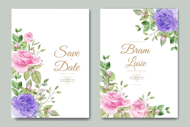 Wedding invitation card with floral leaves watercolor