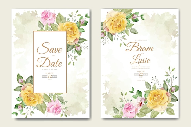 wedding invitation card with floral leaves watercolor