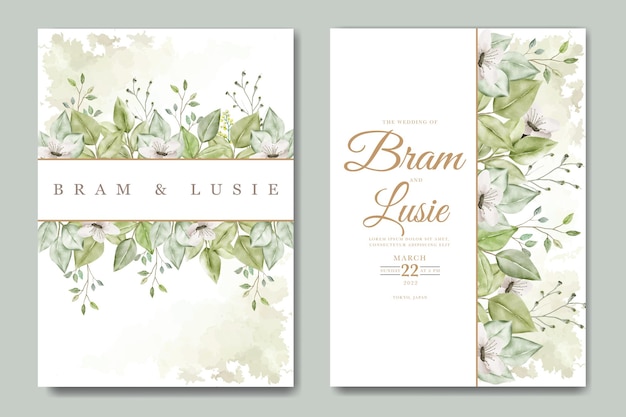 Wedding invitation card with floral leaves watercolor