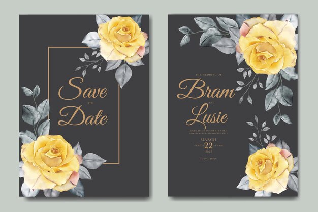 花の葉の水彩画と結婚式の招待カード
