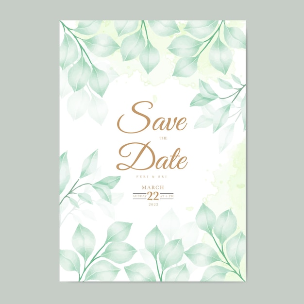 wedding invitation card with floral leaves watercolor