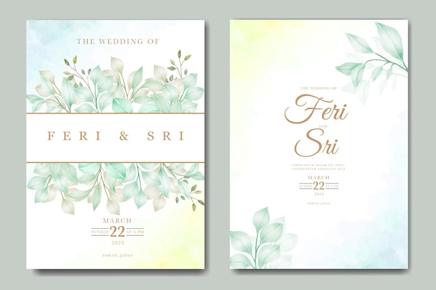 wedding invitation card with floral leaves watercolor
