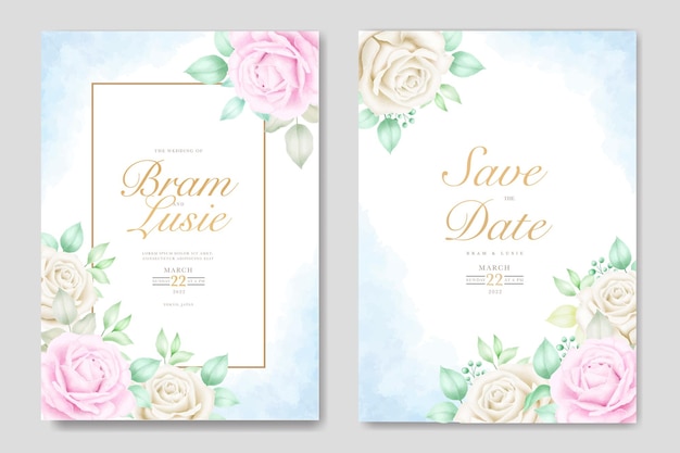 花の葉の水彩画と結婚式の招待カード