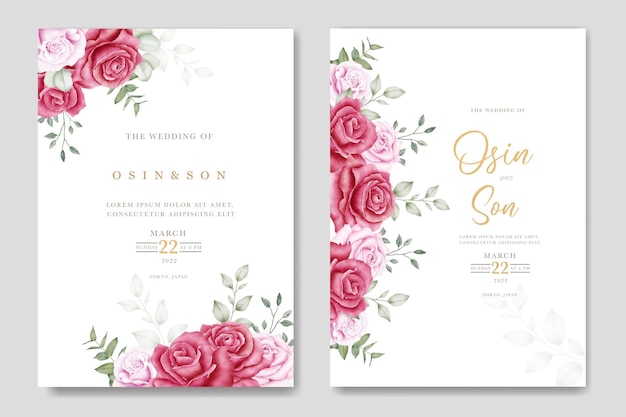 花のバラの水彩画と結婚式の招待カード