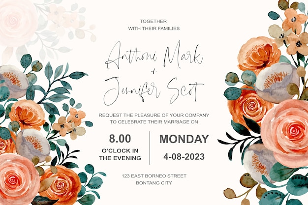 Wedding invitation card with floral roses watercolor