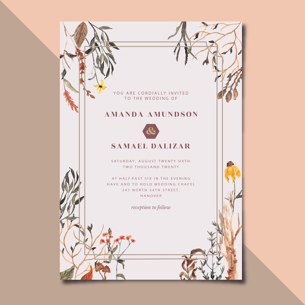 Vector wedding invitation card with floral watercolor