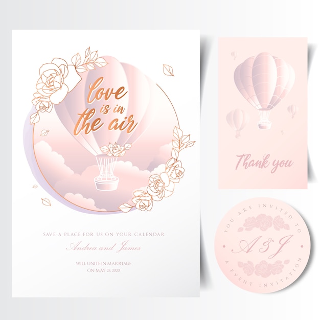 Wedding invitation card with flying hot air balloon in the sky