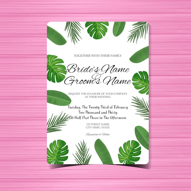 Wedding invitation card with gorgeous tropical leaves