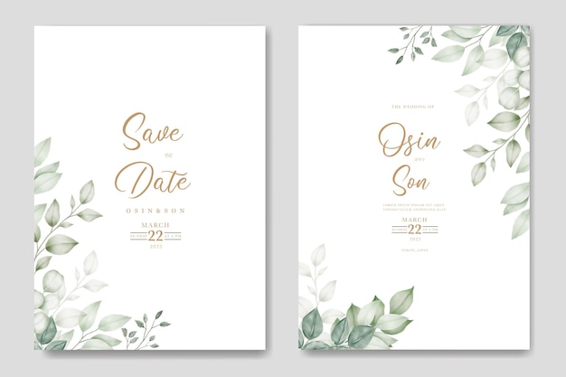 Wedding invitation card with green leaf watercolor