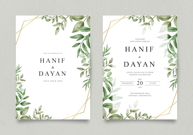 Wedding invitation card with green leaves and geometric frame