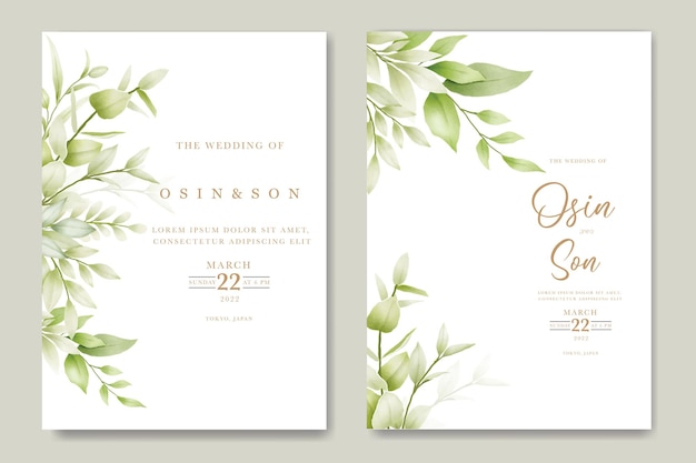 Wedding invitation Card with Green Leaves watercolor